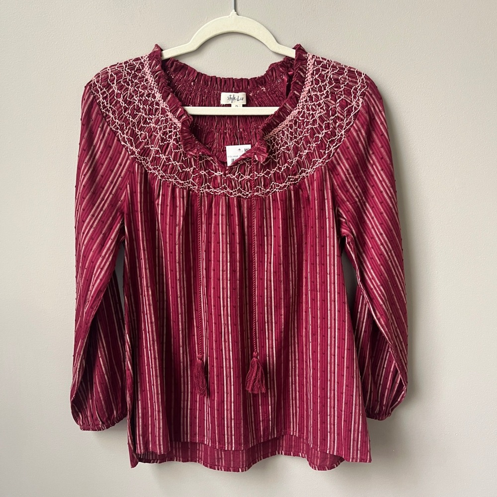 Style & Co Peasant Blouse Women's Small Petite New NWT Burgundy Boho Smocking